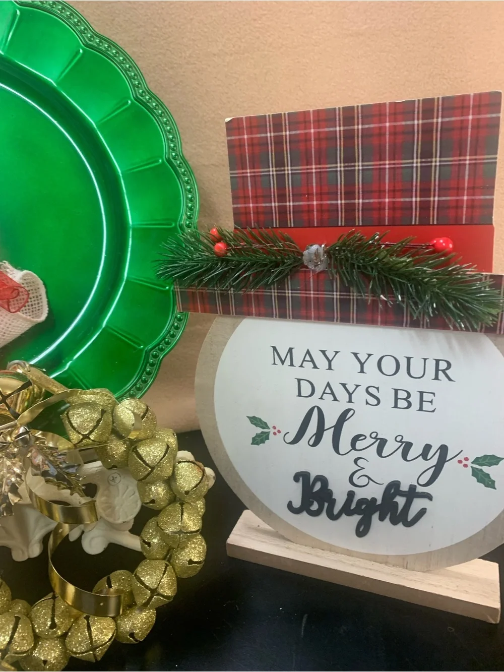 Festive Green Decorative Plate with Gold Mini Bell Wreath and sign. Inv 580
